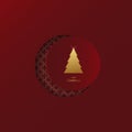 Golden Christmas tree with a red circle on geometric patterns on a dark red background. Christmas greeting card. Royalty Free Stock Photo