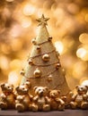 Golden christmas tree with teddy bears around it