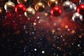 AI generated. Golden Christmas tree toy balls hanging on festive bokeh background