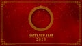 Golden circle frame with chinese new year and year of the Rabbit 2023 on dark red background and glitter particle in a happy new Royalty Free Stock Photo