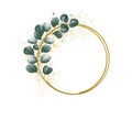 Golden circle frame with leaf vines Sawed eucalyptus leaves on a frame on a white background