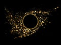 Golden circle of shiny particles on a black background. Shining golden frame, place for text. Festive round border Royalty Free Stock Photo