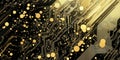 Golden circuit board design with abstract patterns and luminous dots, showcasing technology and innovation
