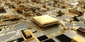 Golden circuit board processing digital data technology Royalty Free Stock Photo