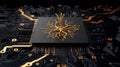 Golden circuit tree on a black microchip abstract tech design