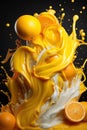 Golden Citrus Swirl: Oranges Enveloped in a Lustrous Yellow Flow. AI generation