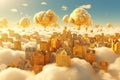 Golden City Hanging in the Sky, Heavenly Gold City Illuminated by Sun, Abstract Generative AI Illustration