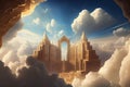 Golden city in the sky, Christian illustration, concept of New Jerusalem. AI generated