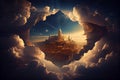 Golden city in the sky, Christian illustration, concept of New Jerusalem. AI generated