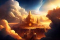 Golden city in the sky, Christian illustration, concept of New Jerusalem. AI generated