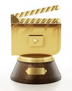 Golden clapboard on wooden pedestal. Cinema award. 3D illustration