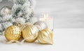 Golden Classic Christmas Globes and Candle with Snowy Wreath in