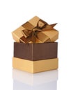 Golden classic shiny gift box with brown satin bow Royalty Free Stock Photo