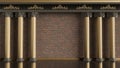 Golden classical columns and wall background with bricks,