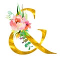 Golden classical form ampersand decorated with watercolor flowers and leaves, isolated on white background. Luxury