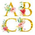 Golden classical form letters A, B, C, Ddecorated with watercolor flowers and leaves, isolated on white background