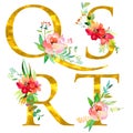 Golden classical form letters Q, R, S, T decorated with watercolor flowers and leaves, isolated on white background