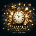 Golden Clock Bursting Star: Stylish 2024 New Year Vector