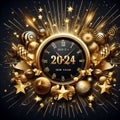 Golden Clock Bursting Star: Stylish 2024 New Year Vector