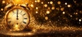 Golden clock countdown with abstract glowing stars blurred bokeh new year background Royalty Free Stock Photo