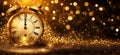 Golden clock countdown with abstract glowing stars blurred bokeh new year background