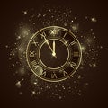 Golden clock dial with roman numbers. Five minutes to twelve holiday countdown. New Year night with glitters and sparkles. Vector