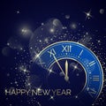 Golden Clock Dial with Roman Numbers on Magic Christmas Glitter Background. New Year Countdown.