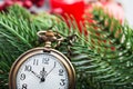 The golden clock, whose arrow are about twelve o`clock New Year celebration Royalty Free Stock Photo