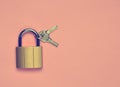 Golden closed lock with keys on a pink background. Copy space. T Royalty Free Stock Photo