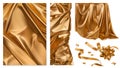 Golden cloth. Curtain, drapery, ribbon, bow. 3d vector set