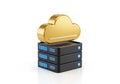Golden cloud symbol rests atop stacked data servers representing digital storage solutions Royalty Free Stock Photo