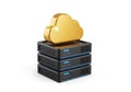 Golden cloud symbol rests atop stacked server racks representing digital storage solutions Royalty Free Stock Photo