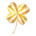 Golden clover leaf isolated on white background. Decorative golden lucky four leaf clover.