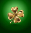 Golden clover leaf, vector illustration for St. Patrick day. Isolated four-leaf on green background. Jewelry 3d design
