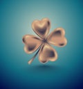 Golden clover leaf, vector illustration for St. Patrick day. Isolated four-leaf on turquoise background. Jewelry 3d retro design