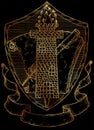 Golden coat of arms with old book, tower and banner against black background. Royalty Free Stock Photo