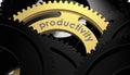 Golden cogwheel with productivity text in dark scene