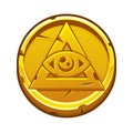 Golden coin with All-seeing eye. Golden Pyramid and All-seeing eye, Freemasonry Masonic Symbol