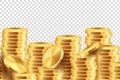 Golden coin background. Realistic gold money stacks. Game coins template. Vector 3D cash banner on transparent Royalty Free Stock Photo