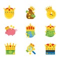 golden coin business king crown concept. Icons Set vector illustration