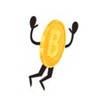 Golden coin character in action. Shiny humanized bitcoin jumping with hands up. Cryptocurrency, money and finance