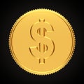 Golden coin with dollar symbol isolated on black background.