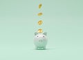 Golden coin dropping to white piggy bank on blue background for money saving and deposit concept , creative ideas by 3D rendering Royalty Free Stock Photo