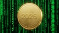 Golden Coin with 2026 Engraving Against Green Digital Code Background Royalty Free Stock Photo