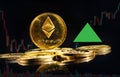 Golden coin with Ethereum logo rise in bull market. New cryptocurrency Ethereum ETH 2.0 go up in trading. Price of