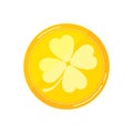 Golden coin with four leaves clover vector flat icon isolated on white background. Royalty Free Stock Photo