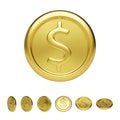 Golden coin front view and different position. Realistic render of glossy metallic coin. Finance and money. Vector