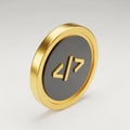 Golden Coin Icon with Code Symbol on Dark Gray Circle on White Background coding programming Royalty Free Stock Photo