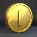 Golden coin with letter L lowercase isolated on black background.