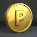 Golden coin with letter P uppercase isolated on black background.